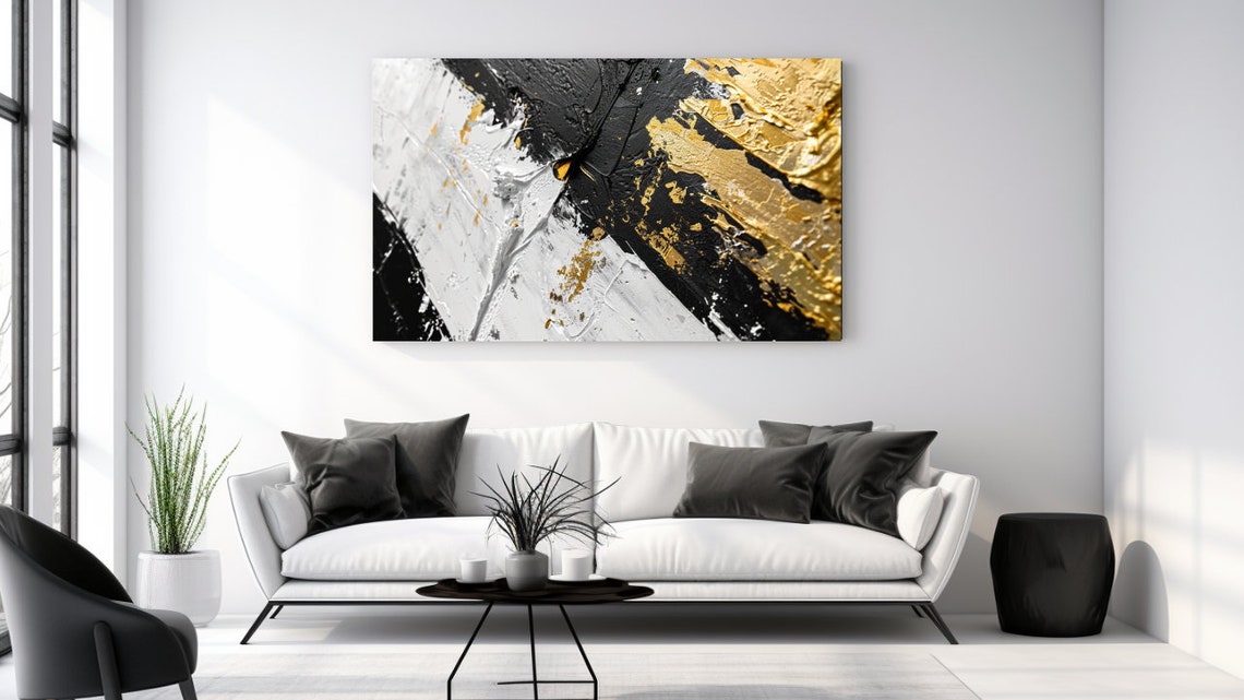 Black White Gold Diagonal Brushstroke Abstract Modern Wall Art