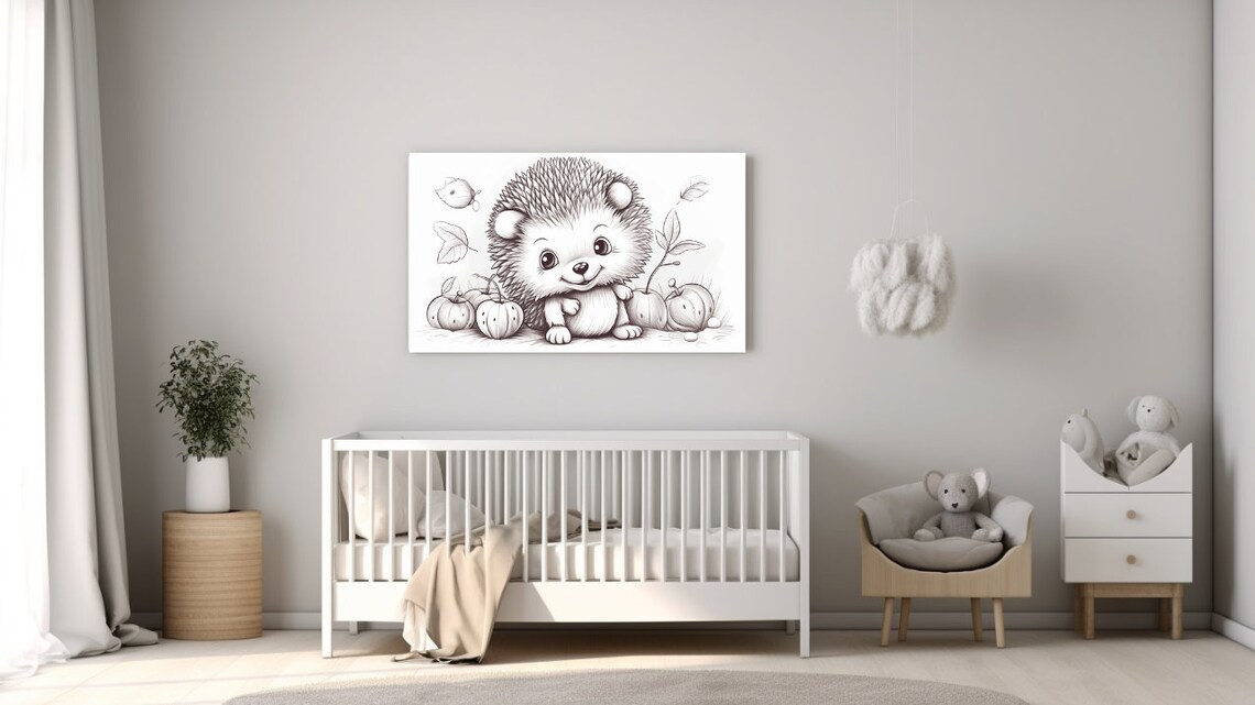 Baby Hedgehog with Pumpkins Black White Sketch Nursery Wall Art