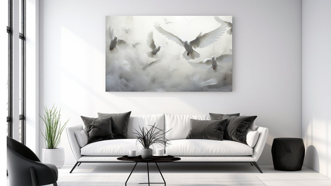 White Doves Flying Through Misty Grey Sky Monochrome Bird Poster