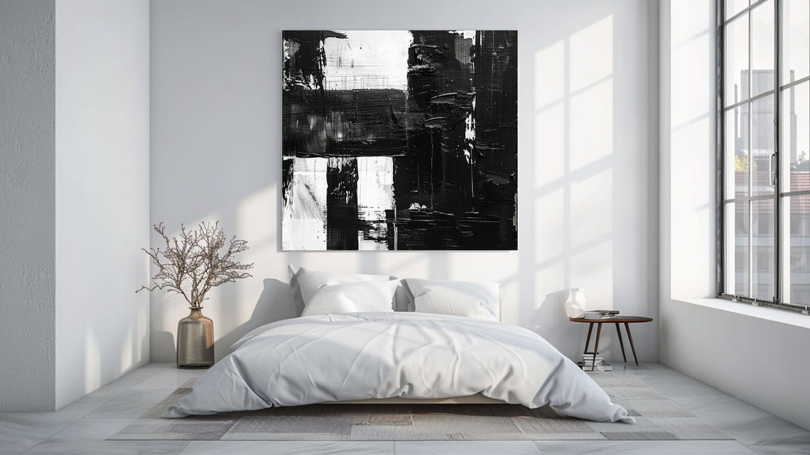 Black White Abstract Brushstroke Blocks Modern Minimalist Art Poster