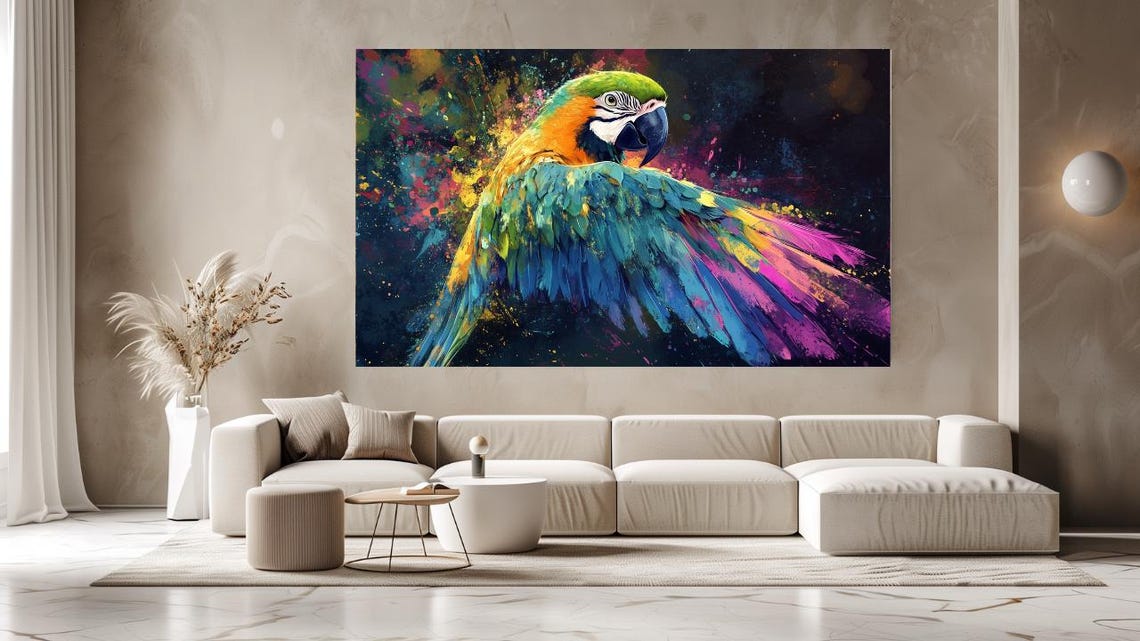 Colorful Macaw Parrot in Flight Paint Splatter Bird Wall Art Poster