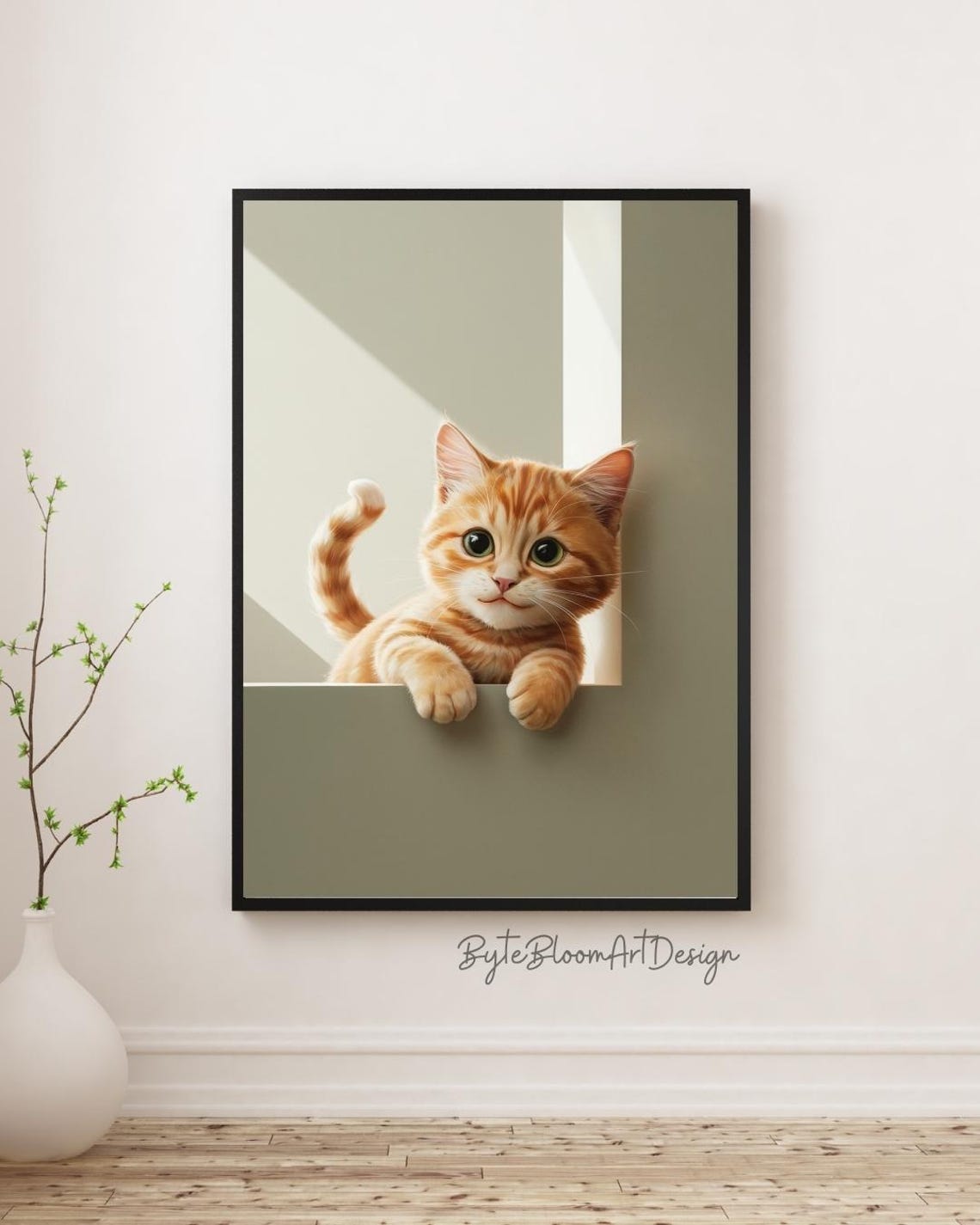 Cute Orange Tabby Kitten Peeking Minimalist Nursery Cat Art Poster