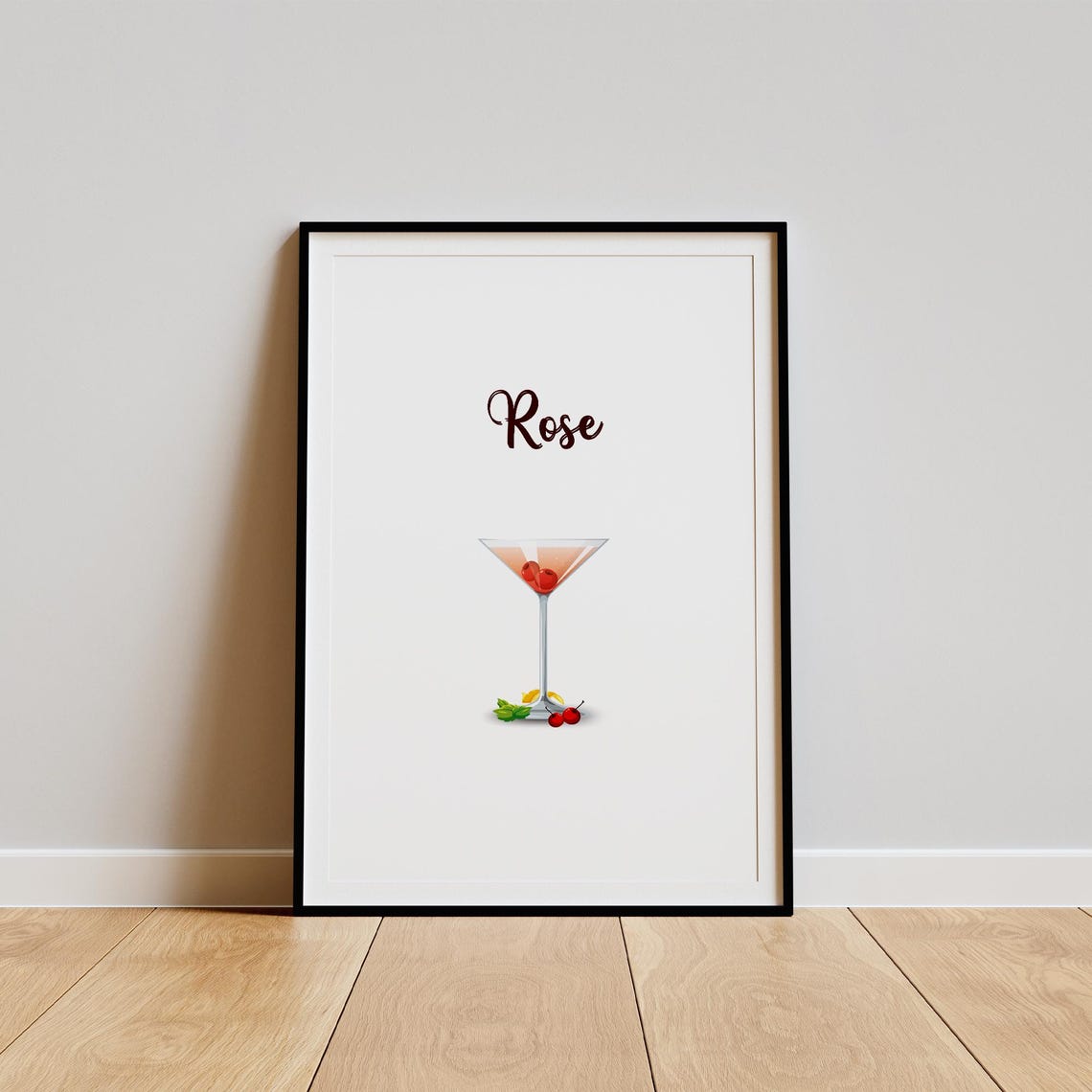 Rose Pink Martini Cherry Cocktail Watercolor Illustration Decor Poster