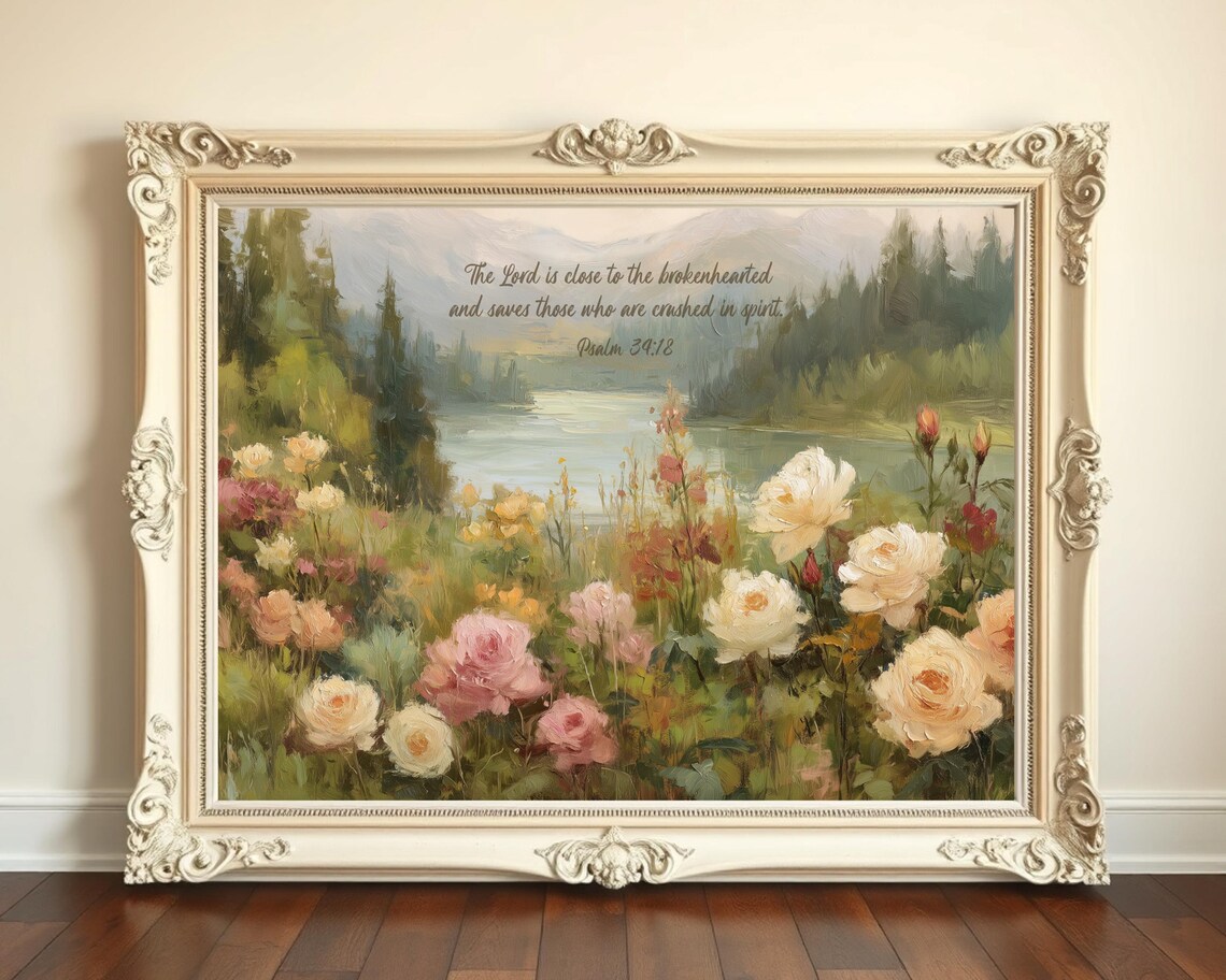 Psalm 34 18 Scripture Lakeside Wildflower Meadow Christian Verse Poster