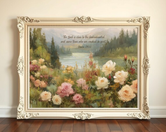 Psalm 34 18 Scripture Lakeside Wildflower Meadow Christian Verse Poster