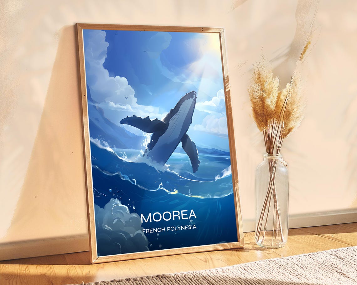 Moorea French Polynesia Breaching Humpback Whale Ocean Travel Poster