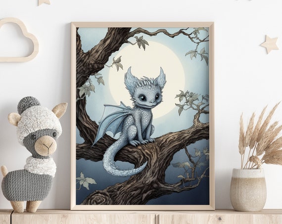 Cute Baby Dragon Nursery Wall Art Blue Tone Fairy Tale Kids Room Whimsical Fairytale Decor Illustration