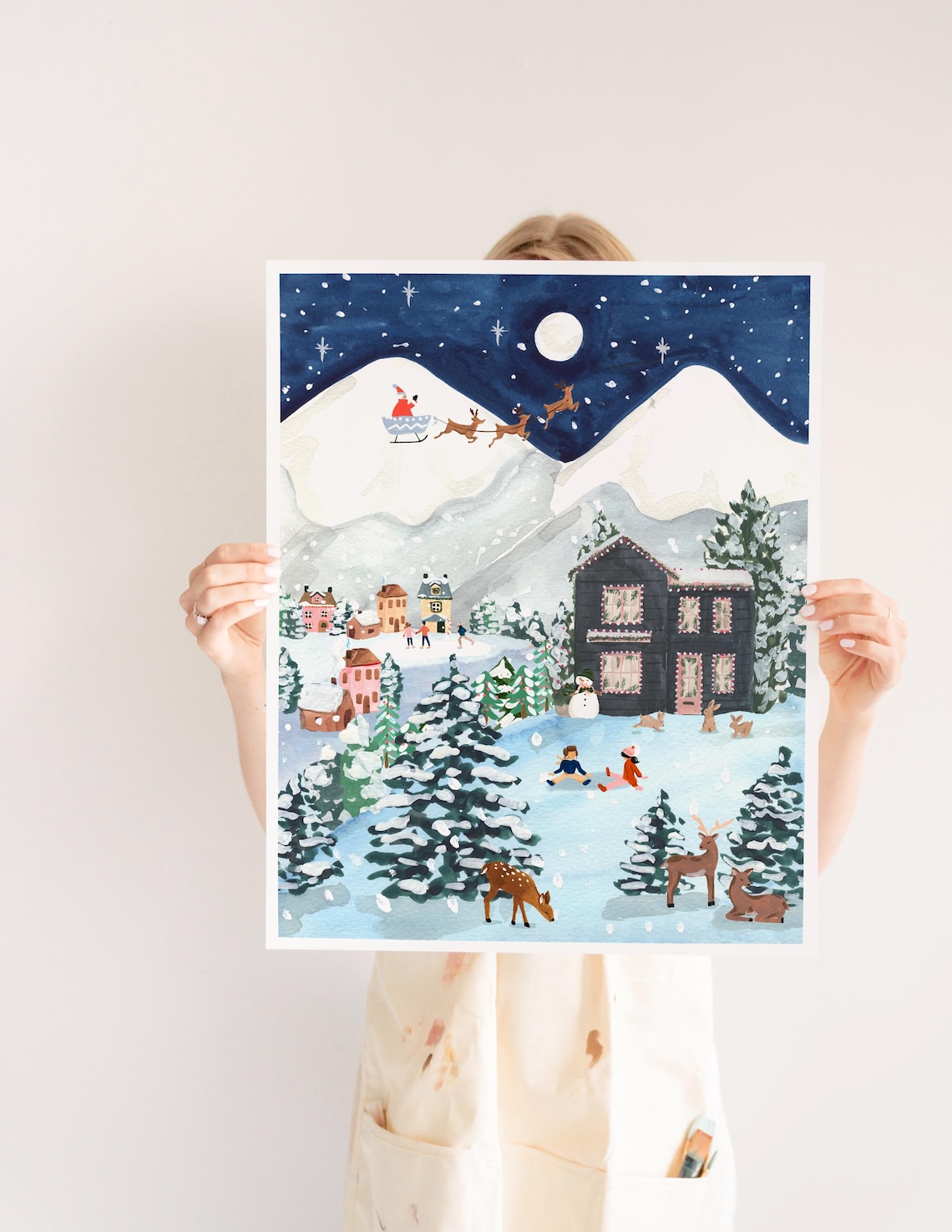 Christmas Village Art Print, Festive Winter Scene - Image 3