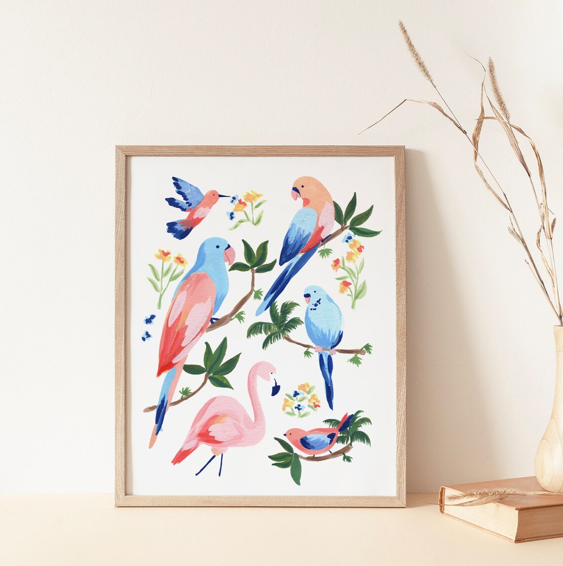 Jungle Birds II Watercolor Gouache Art Print - Image 3