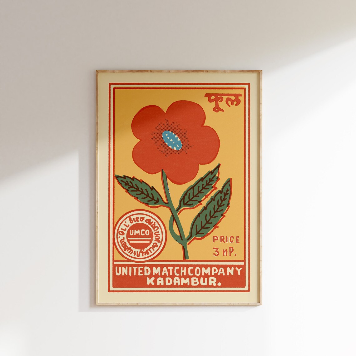 United Match Company Red Flower Vintage Indian Matchbox Label Poster