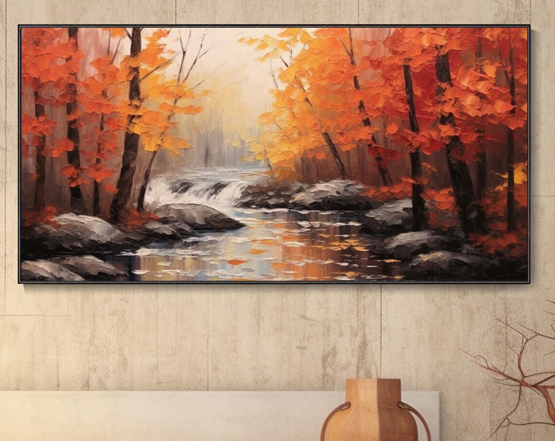 Modern Autumn Forest River Landscape Art Print