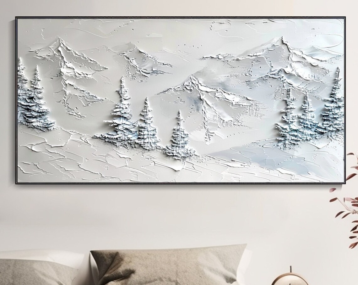 White Winter Mountain Snow Pines Minimalist Palette Knife Wall Art