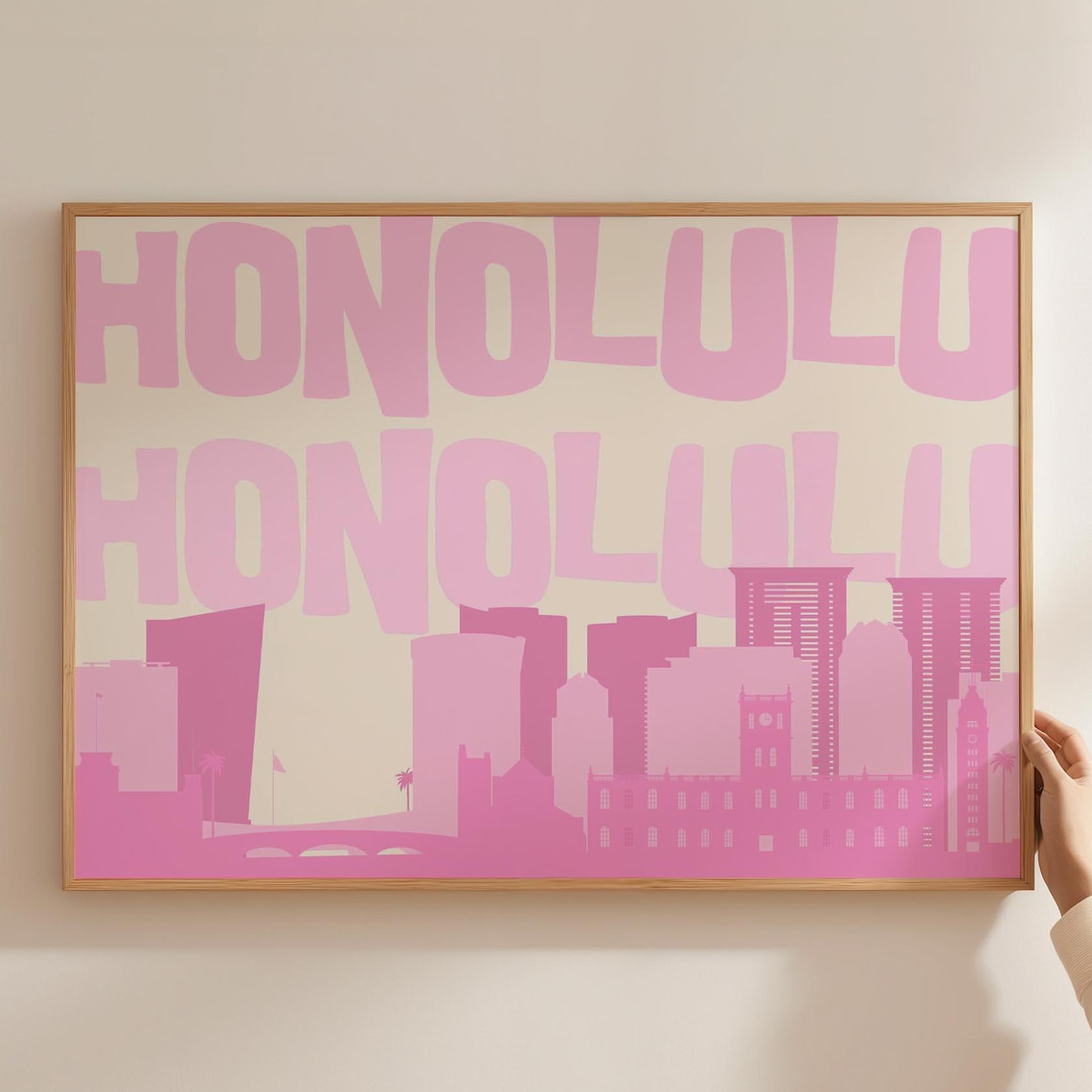 Honolulu Pink Skyline Graphic Hawaii Modern City Wall Poster