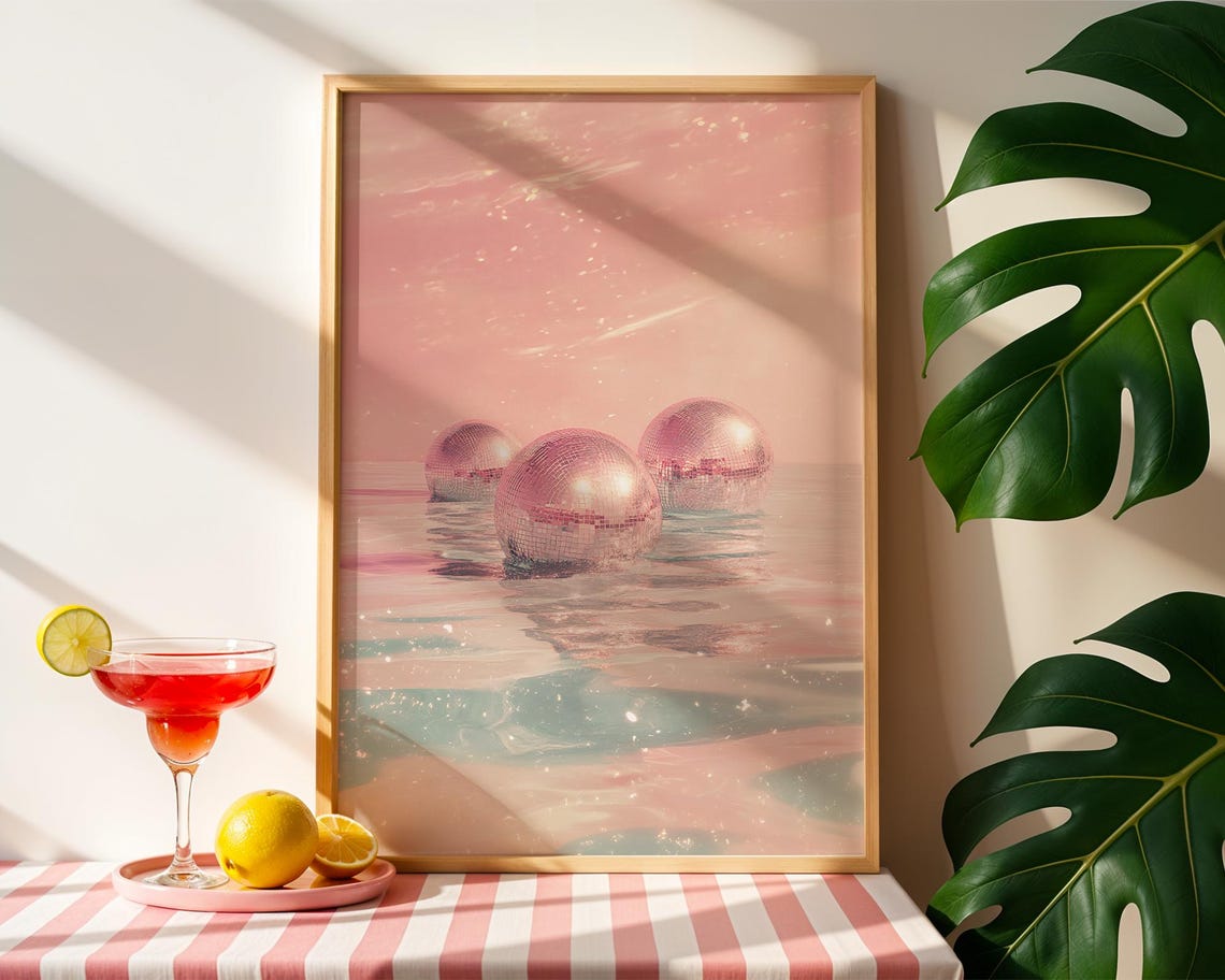 Dreamy Pink Disco Balls Floating on a Calm Sparkling Ocean Poster