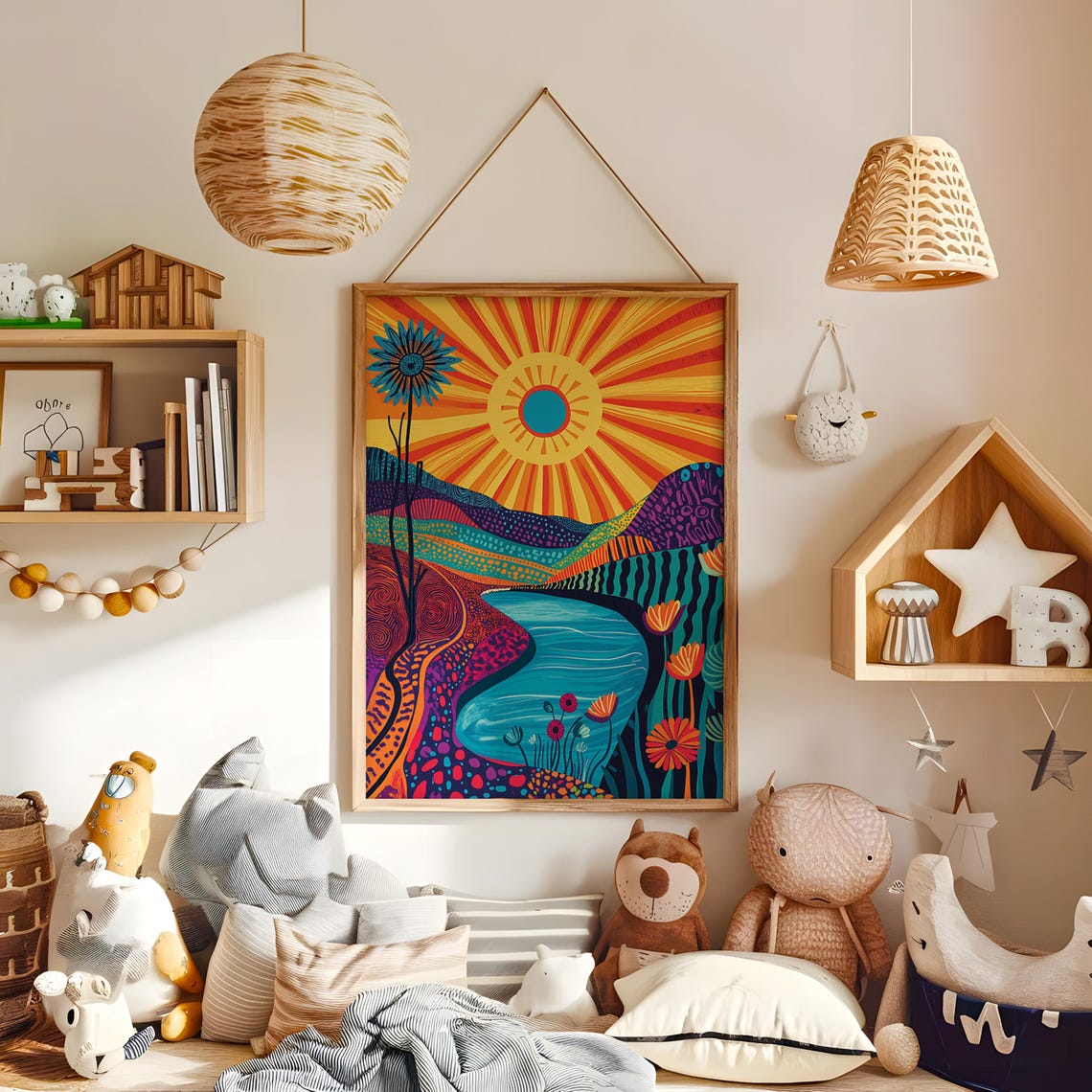 Boho Sunburst Lake Landscape Patterned Hills Colorful Folk Art Poster - Image 2