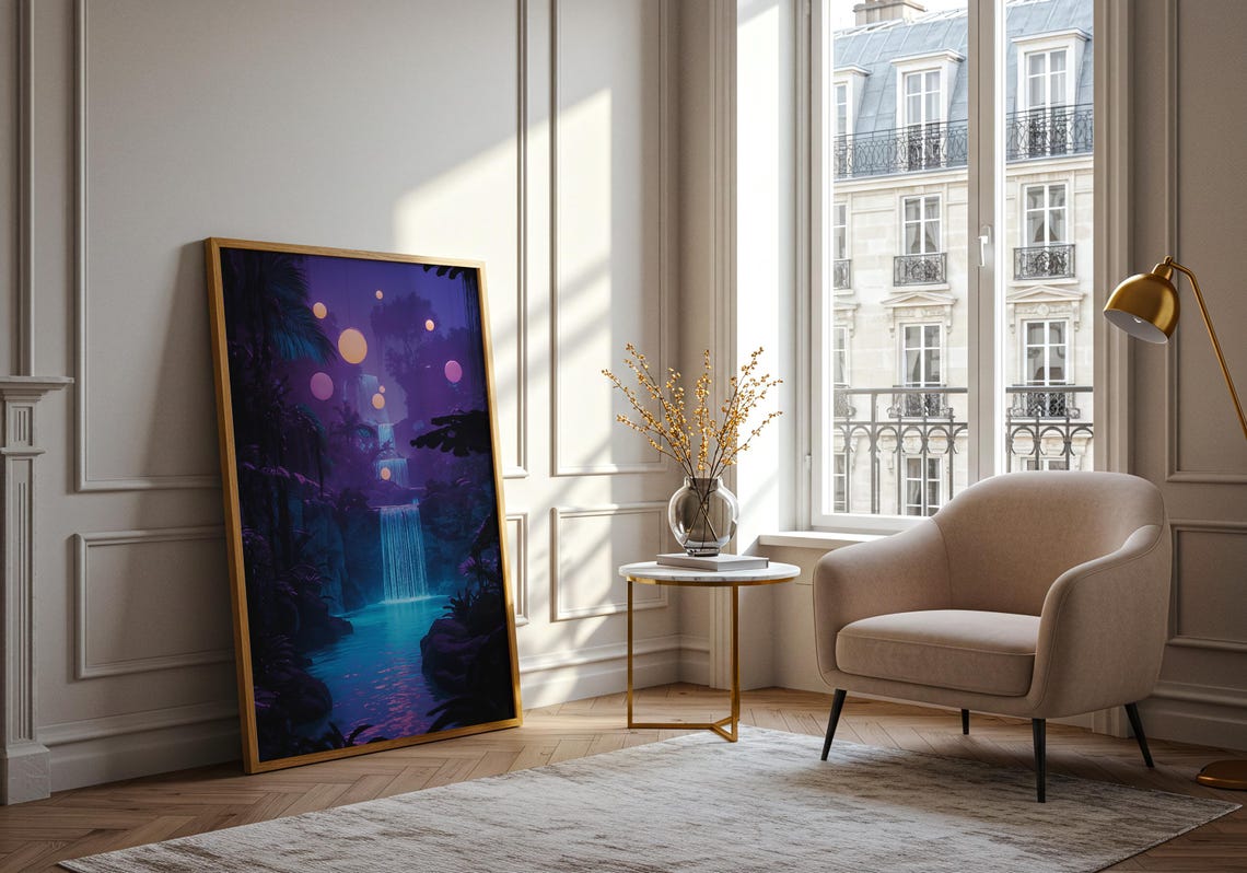 Neon Purple Waterfall Jungle Glowing Orbs Fantasy Lagoon Art Poster - Image 4