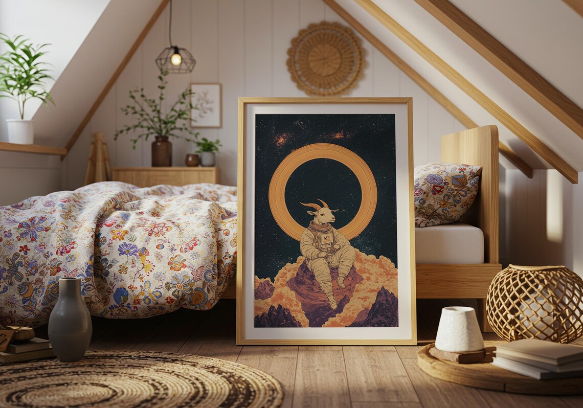Surreal Goat Astronaut on Cosmic Mountain Golden Halo Vintage Space Wall Art - Image 5