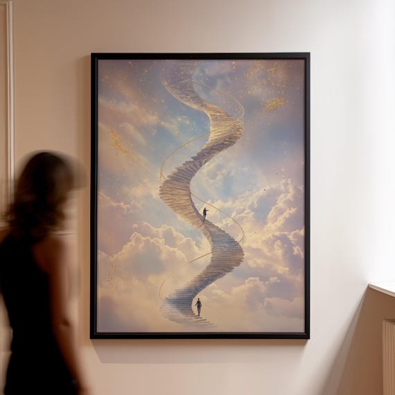 Spiral Stairs In Sky Art Print Dreamlike Ascension Artwork Whimsical Cloud Journey