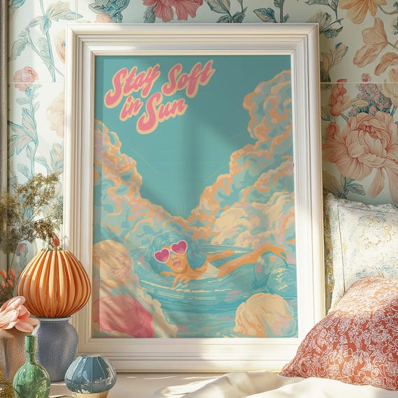 Retro Pool Girl Art Print Stay Soft In Sun Poster Pastel Summer Floating Wall