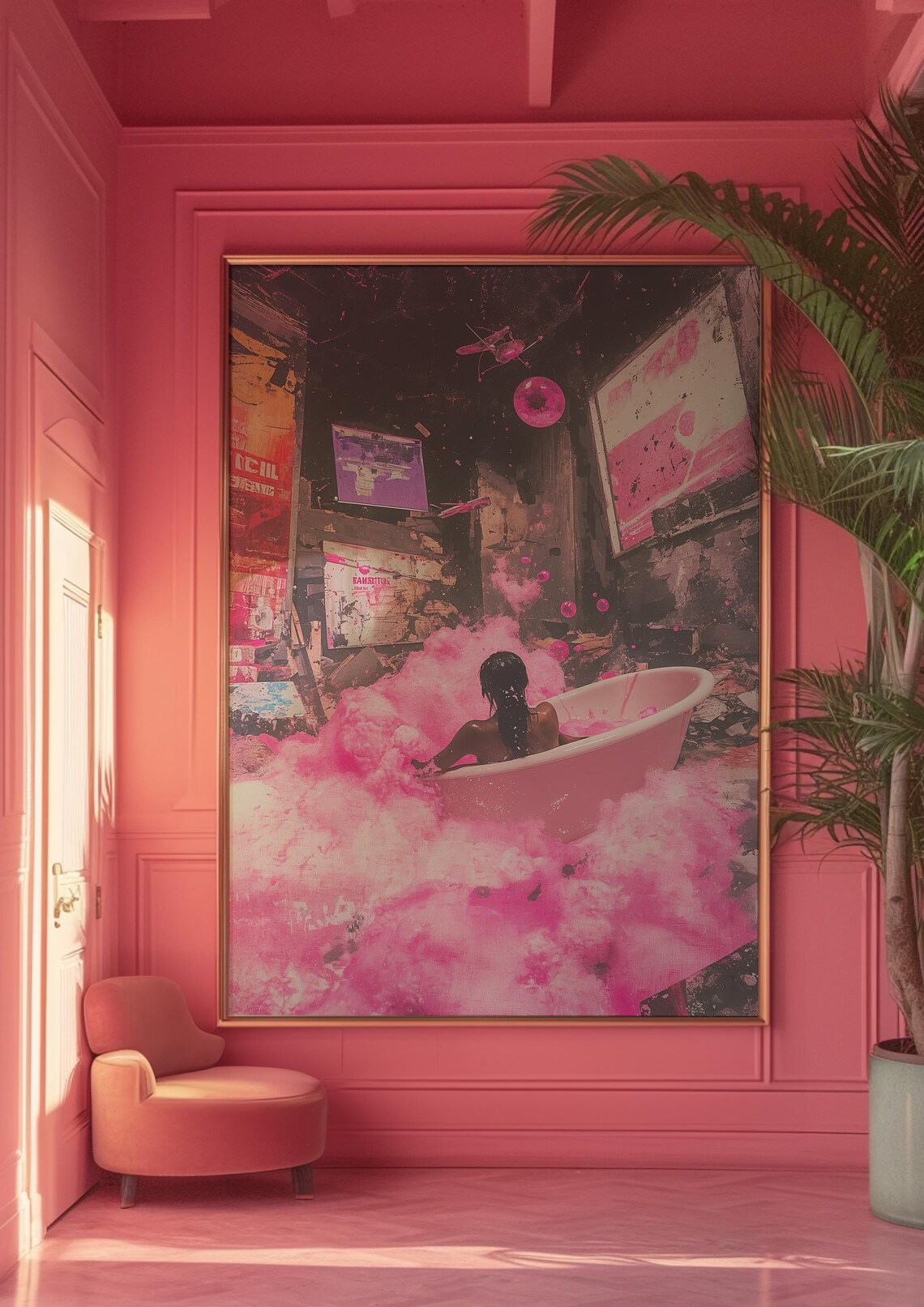 Pink Bath Dreamscape Cyberpunk Woman Neon Urban Fantasy Art Poster - Image 5