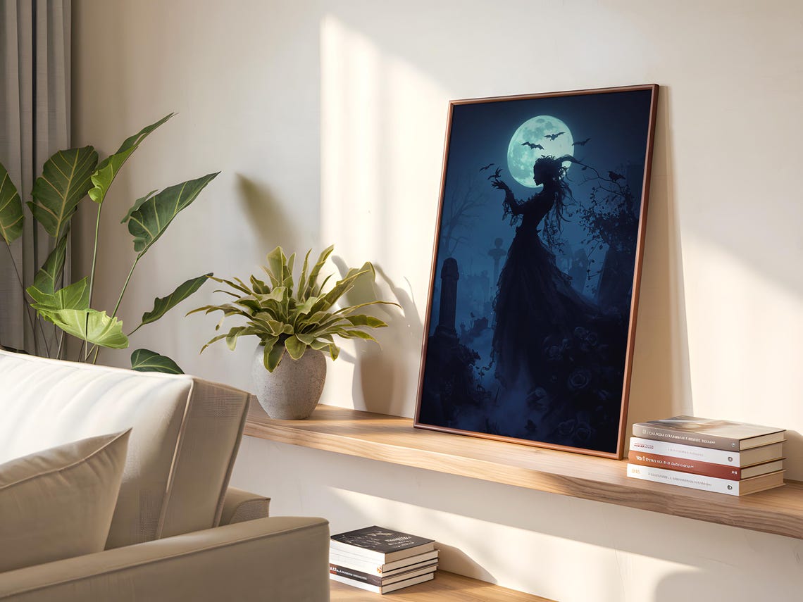 Gothic Lady Moonlit Graveyard Bats Midnight Fantasy Silhouette Poster - Image 4