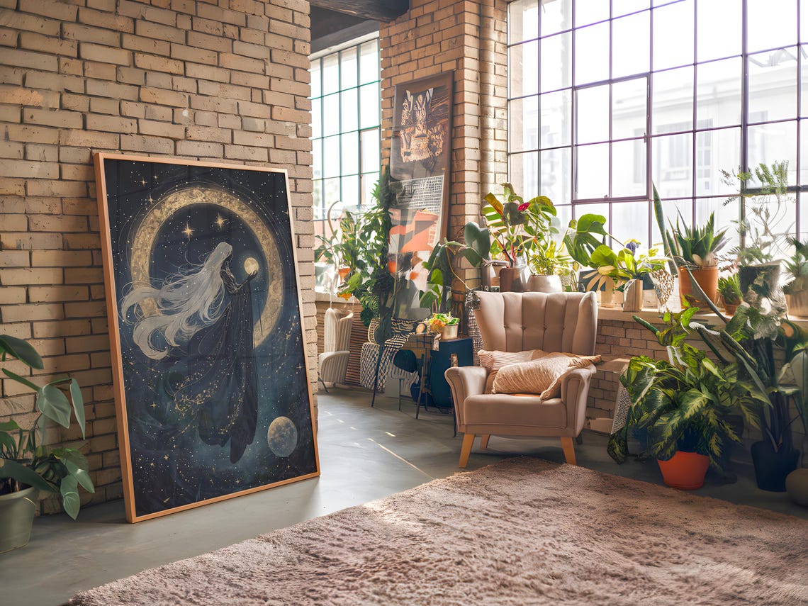 Golden Moon Ring Goddess White Hair Starry Night Celestial Poster - Image 5