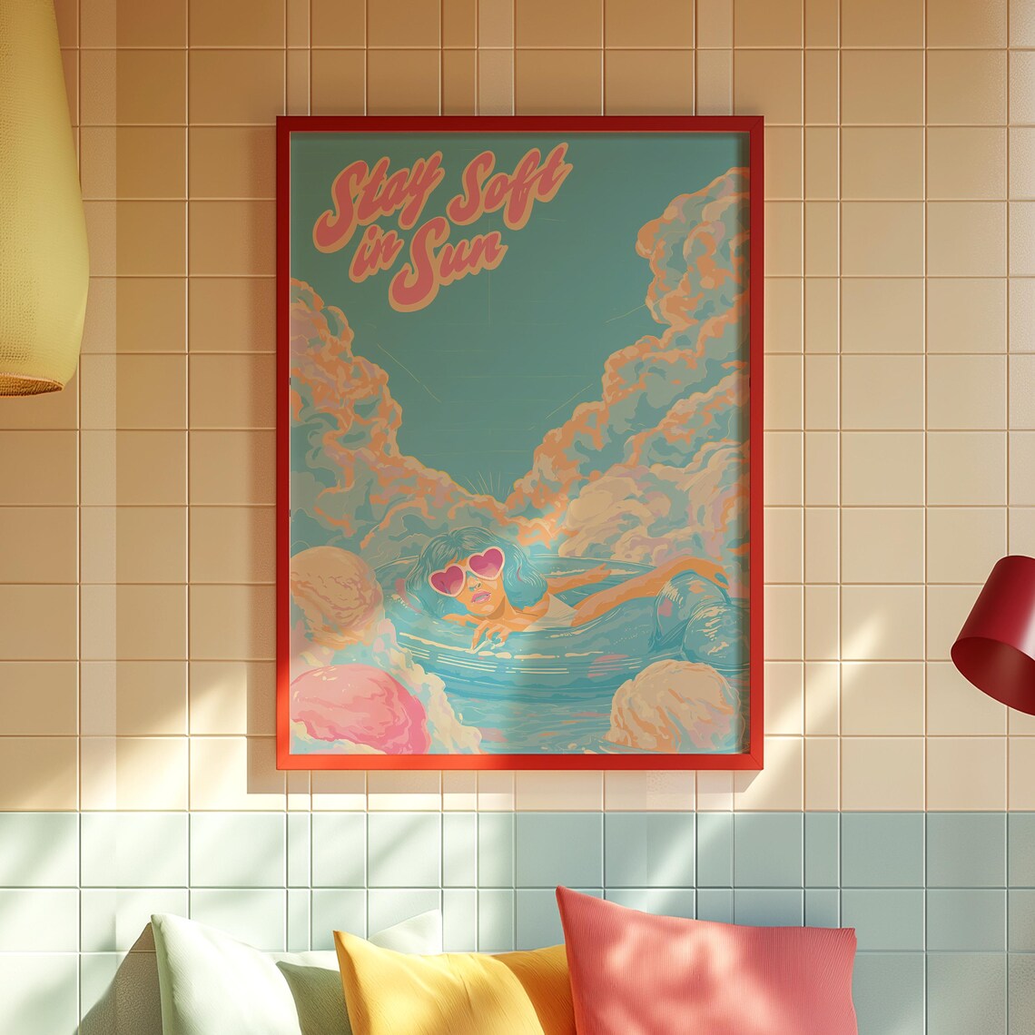 Stay Soft in Sun Retro Pool Girl Heart Sunglasses Teal Waves Summer Wall Art - Image 2