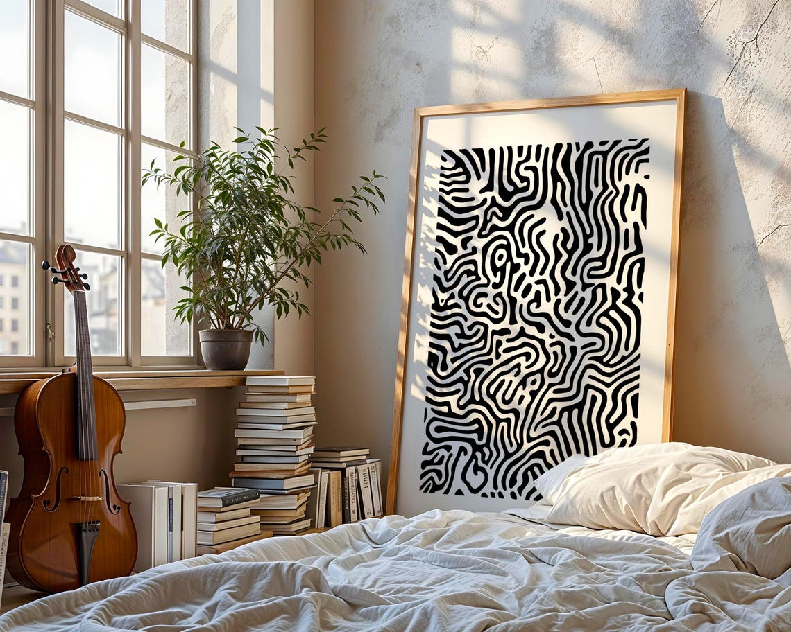 Bold Black and White Abstract Maze Labyrinth Line Art Poster - Image 4
