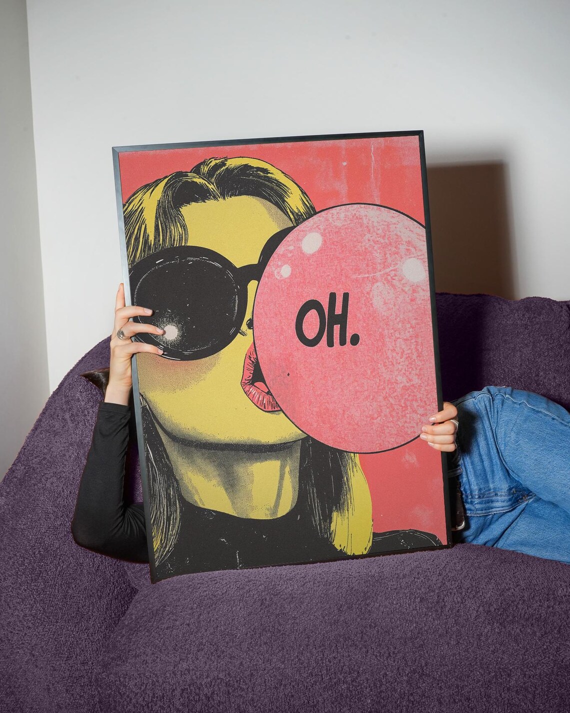 Pop Art Bubblegum Girl Blowing Bubble Oh Text Retro Comic Style Wall Art