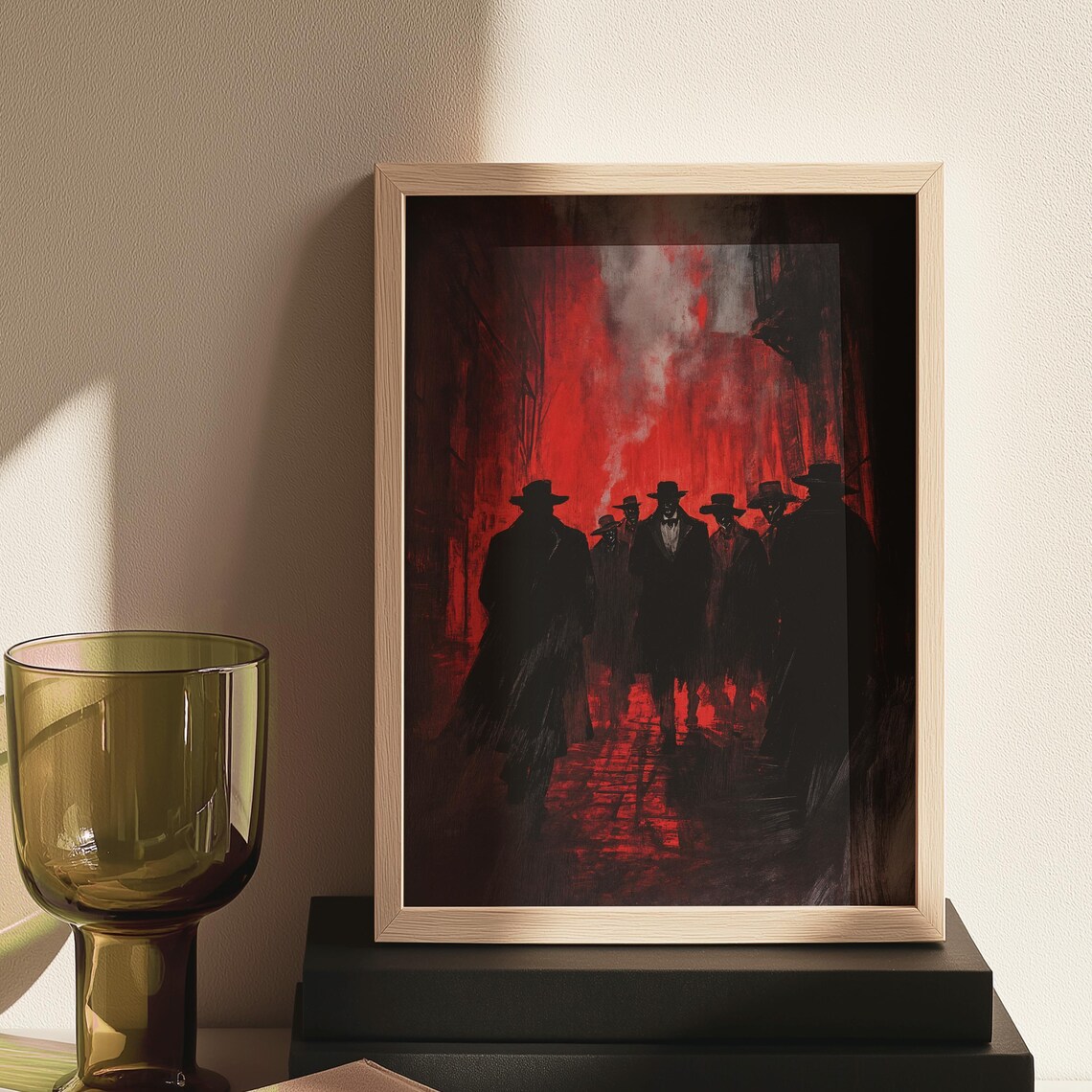 Crimson Alley Noir Gang Silhouette Dark Red Retro Crime Scene Poster - Image 4