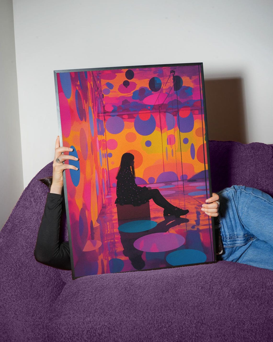 Neon Polka Dot Infinity Room Art Poster Woman Silhouette Mirror