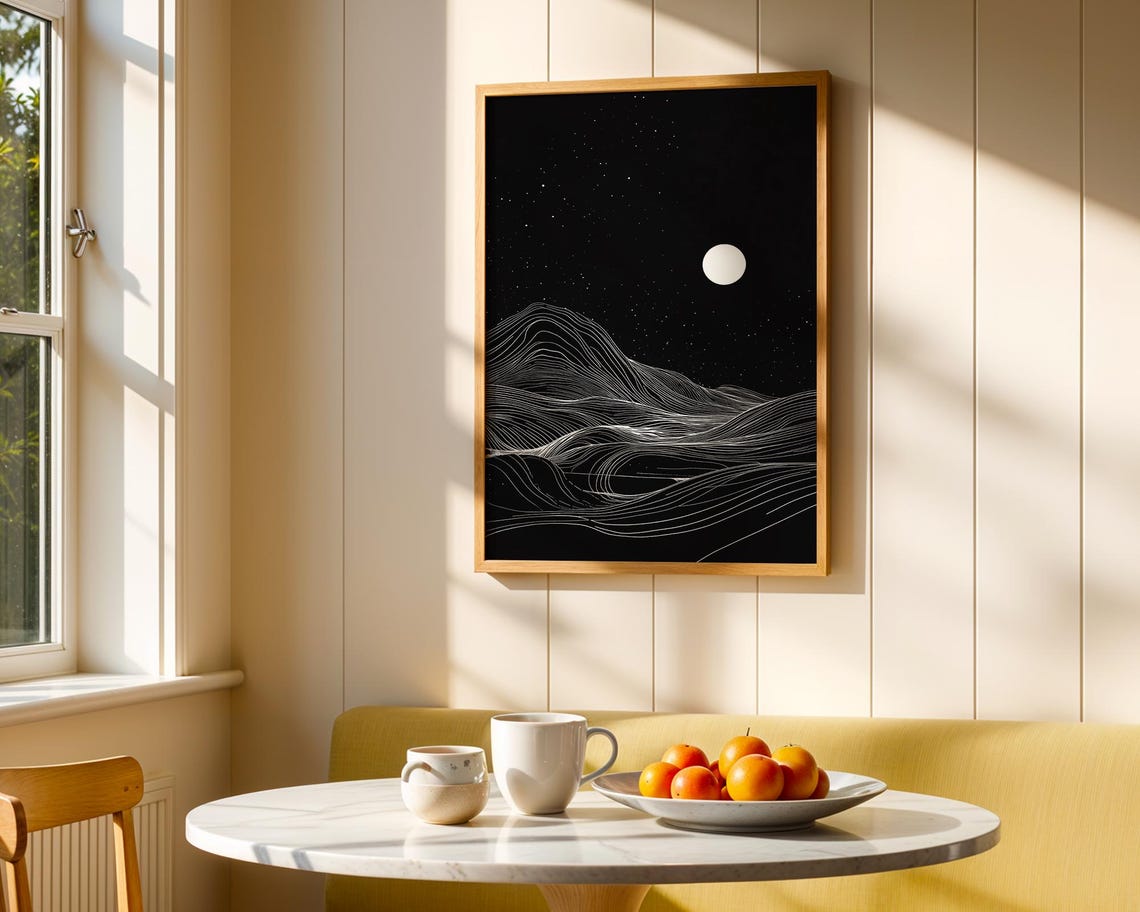 Moon Night White Line Mountains Minimalist Black Wall Poster - Image 4