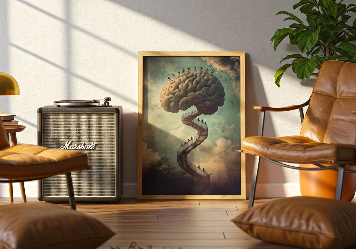 Brain Spiral Staircase Tiny Climbers Surreal Mind Journey Art Poster - Image 5