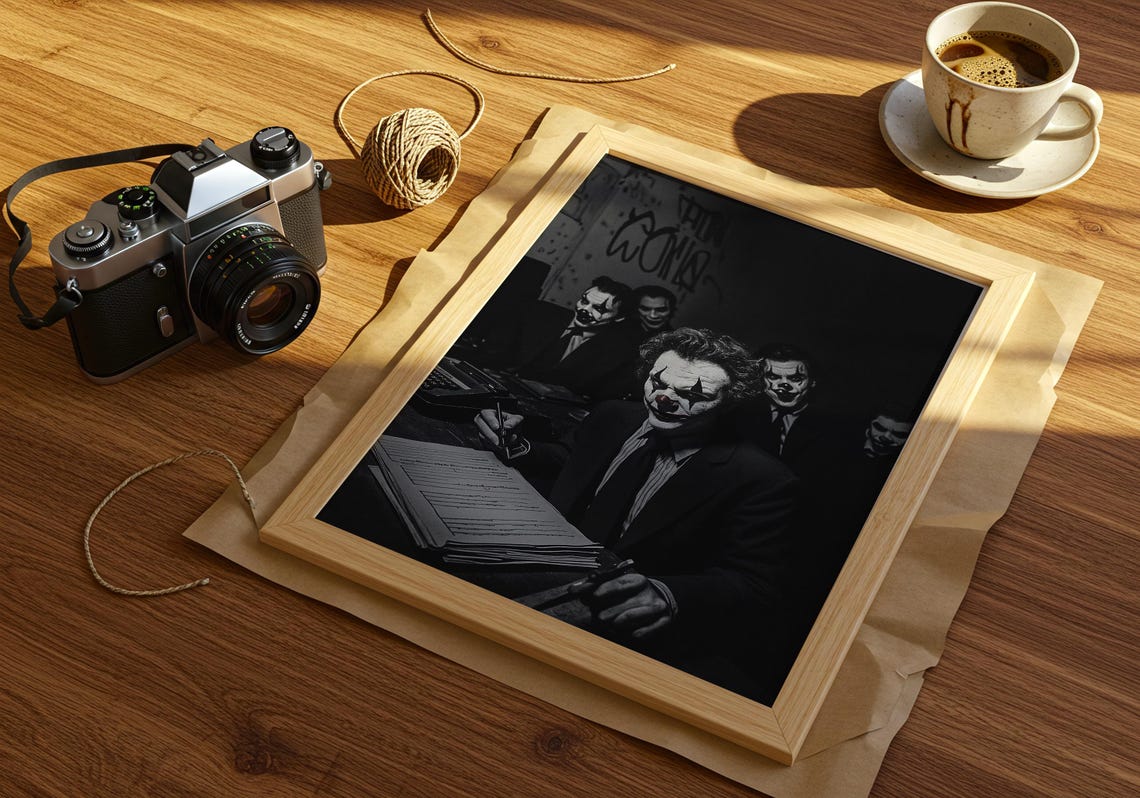 Dark Surreal Clown Businessmen in a Goth Office Meeting Room Poster - Image 2