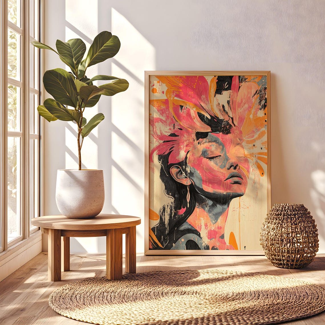 Vibrant Woman Portrait Colorful Expressionist Floral Art Print