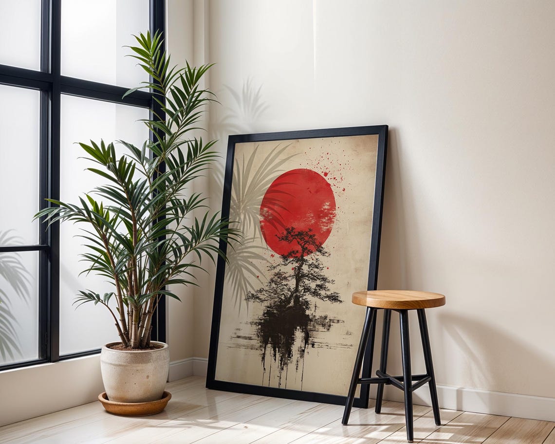 Japanese Sun Art Print, Bonsai Tree Zen Ink Wash - Image 3