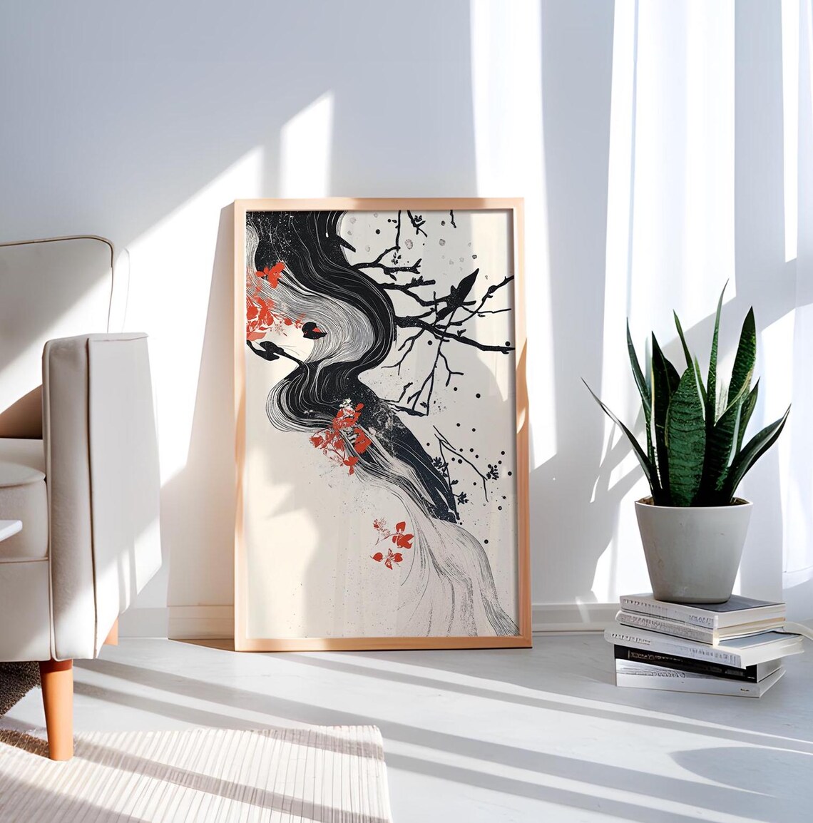Japanese Ink Woman Profile Red Blossoms Flowing Hair Art Poster