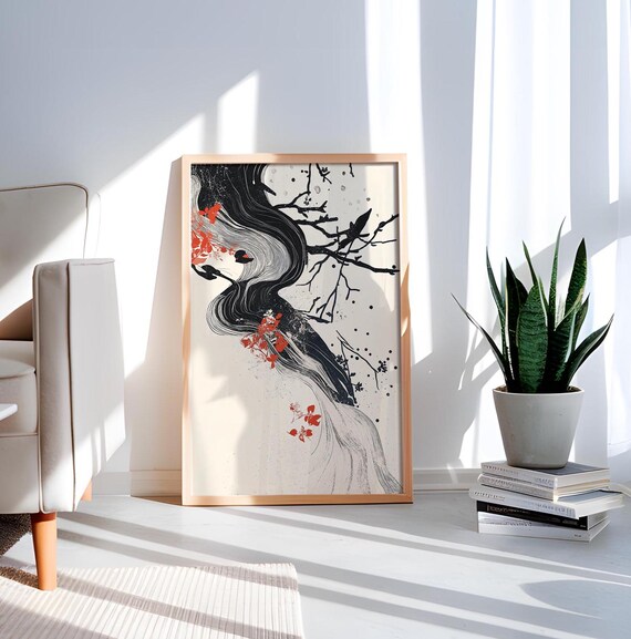 Japanese Ink Woman Profile Red Blossoms Flowing Hair Art Poster