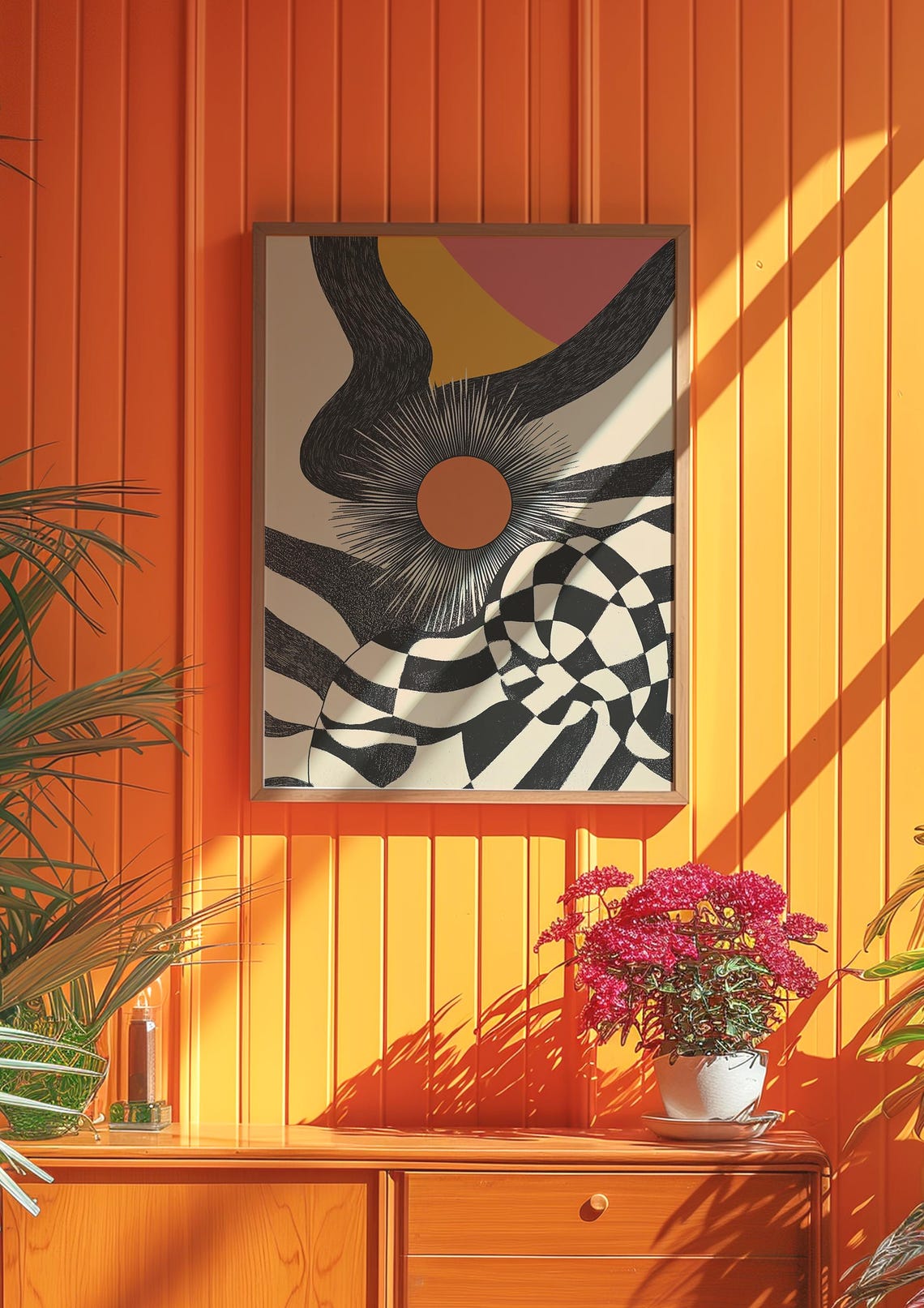 Retro Groovy Geometric Sunburst Abstract Black Wavy 70s Art Poster - Image 3