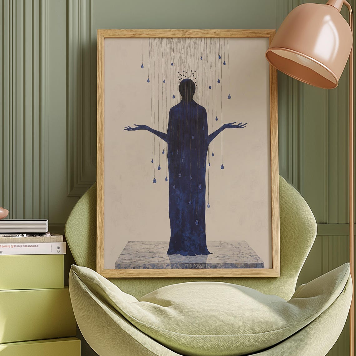 Blue Silhouette Figure Gentle Rain Minimalist Emotional Poster - Image 2