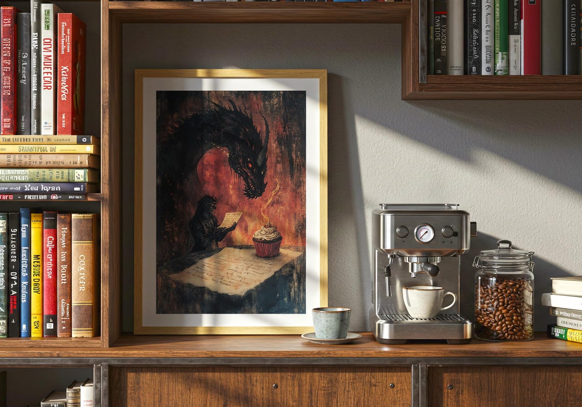 Dark Dragon Girl Reading Letter Candlelit Cupcake Fantasy Art Poster - Image 4