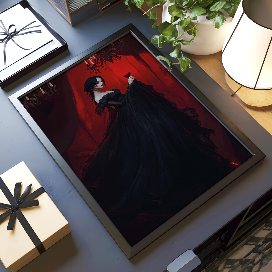 Gothic Lady Black Gown Red Curtain Wine Glass Romance Art Poster - Image 3