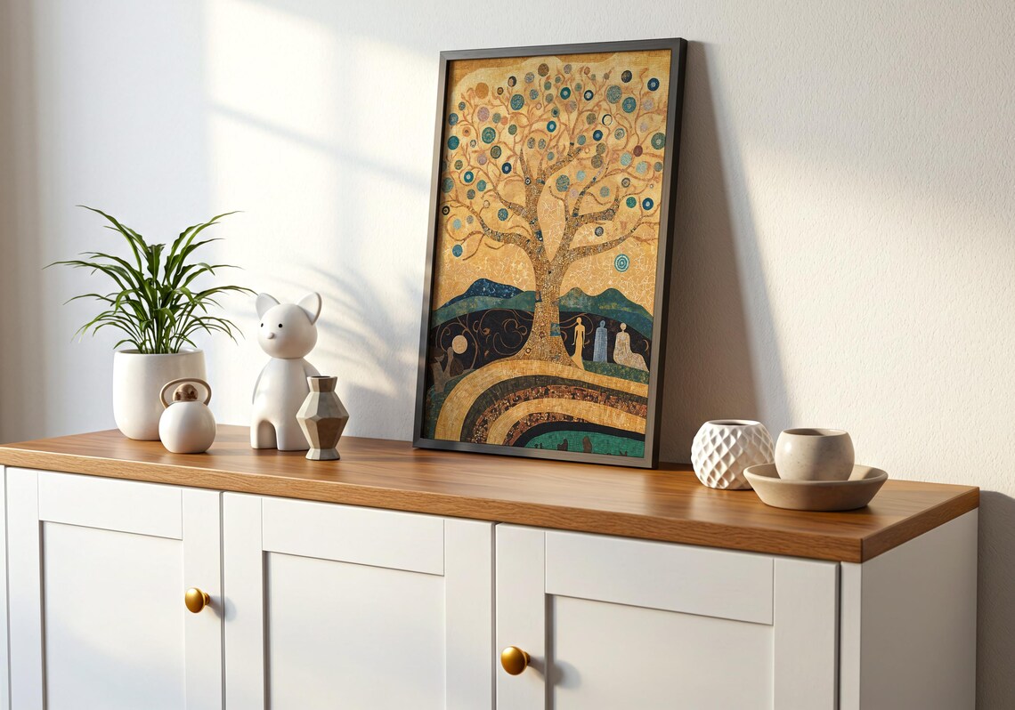 Golden Tree of Life Mosaic Teal Hills Fantasy Landscape Klimt Style Wall Art - Image 2