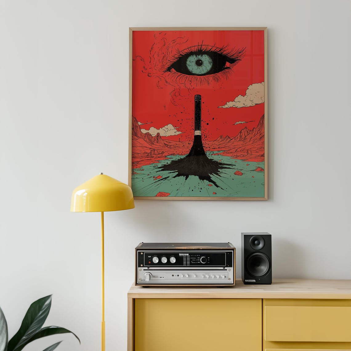 Surreal Red Comic Pop Giant Eye Ink Pen Desert Scene Art Poster - Image 5