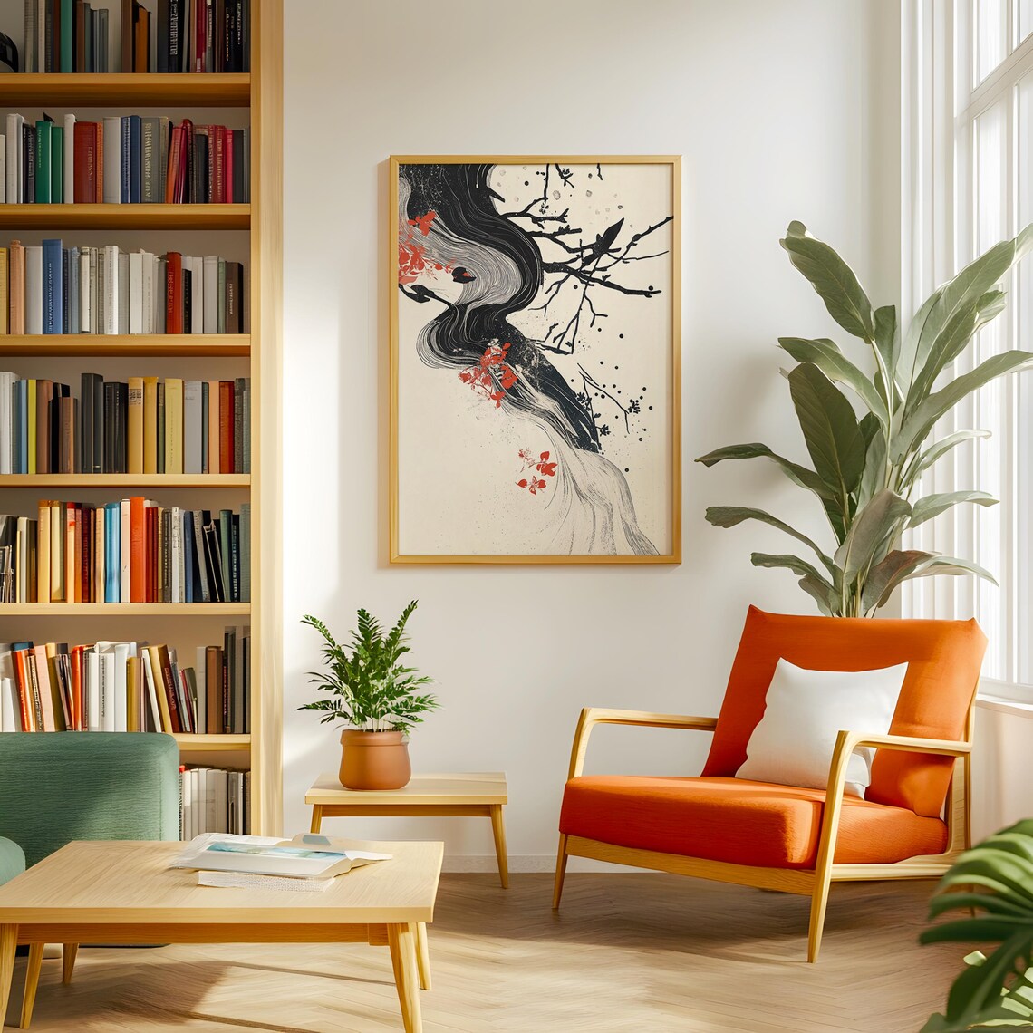 Japanese Ink Woman Profile Red Blossoms Flowing Hair Art Poster - Image 5