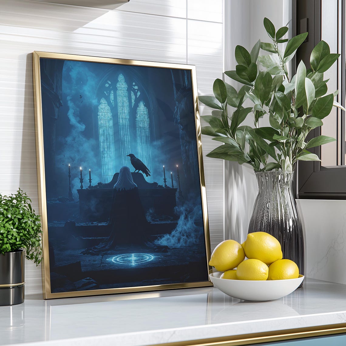 Gothic Cathedral Raven Hooded Figure Ritual Dark Blue Poster - Image 2