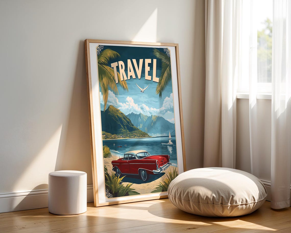 Retro Travel Classic Red Car Coastal Seaside Vacation Art Poster - Image 3