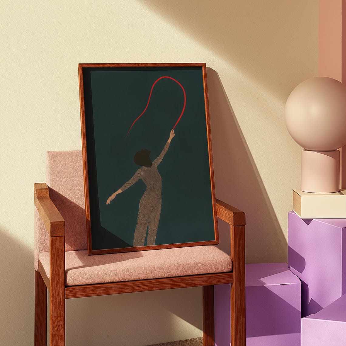 Red Ribbon Dancer Minimalist Dark Teal Elegant Movement Poster - Image 3