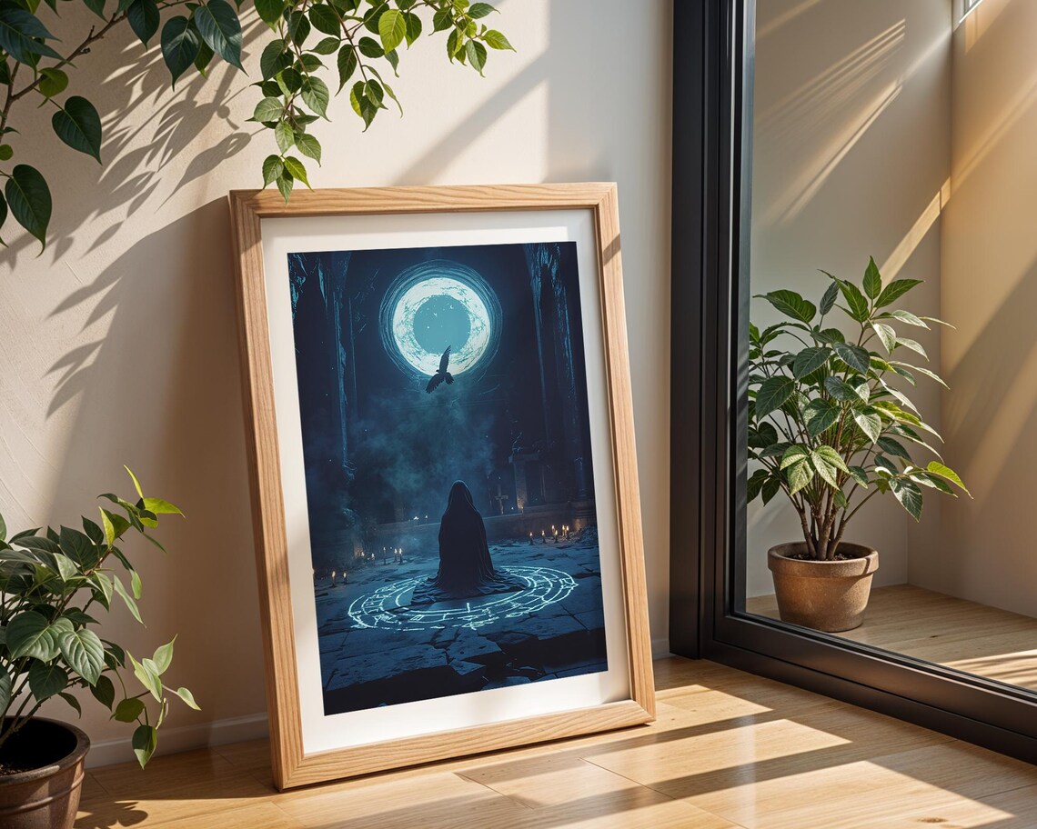Hooded Figure Moon Portal Crow Ritual Dark Fantasy Art Poster - Image 2