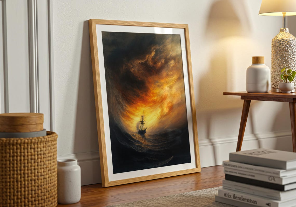 Tall Ship Sailing Through a Fiery Stormy Ocean at Dusk Poster - Image 4